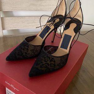 NEW Ferragamo Black lace pumps